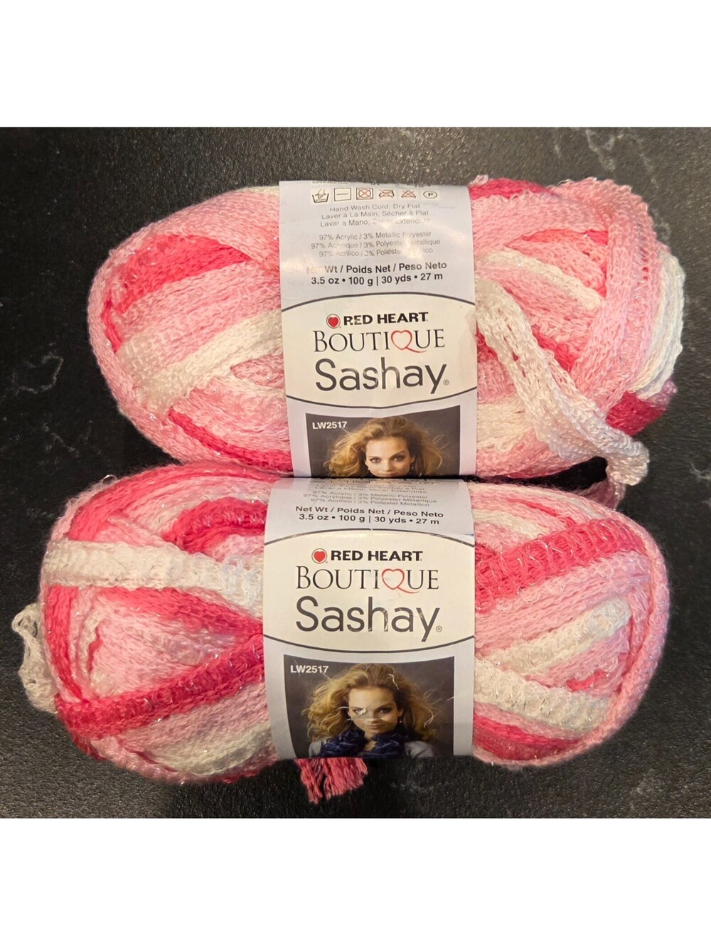 Red Heart Boutique Sashay Tutu 1953 Yarn Lot 2 Skeins Pink White Metallic